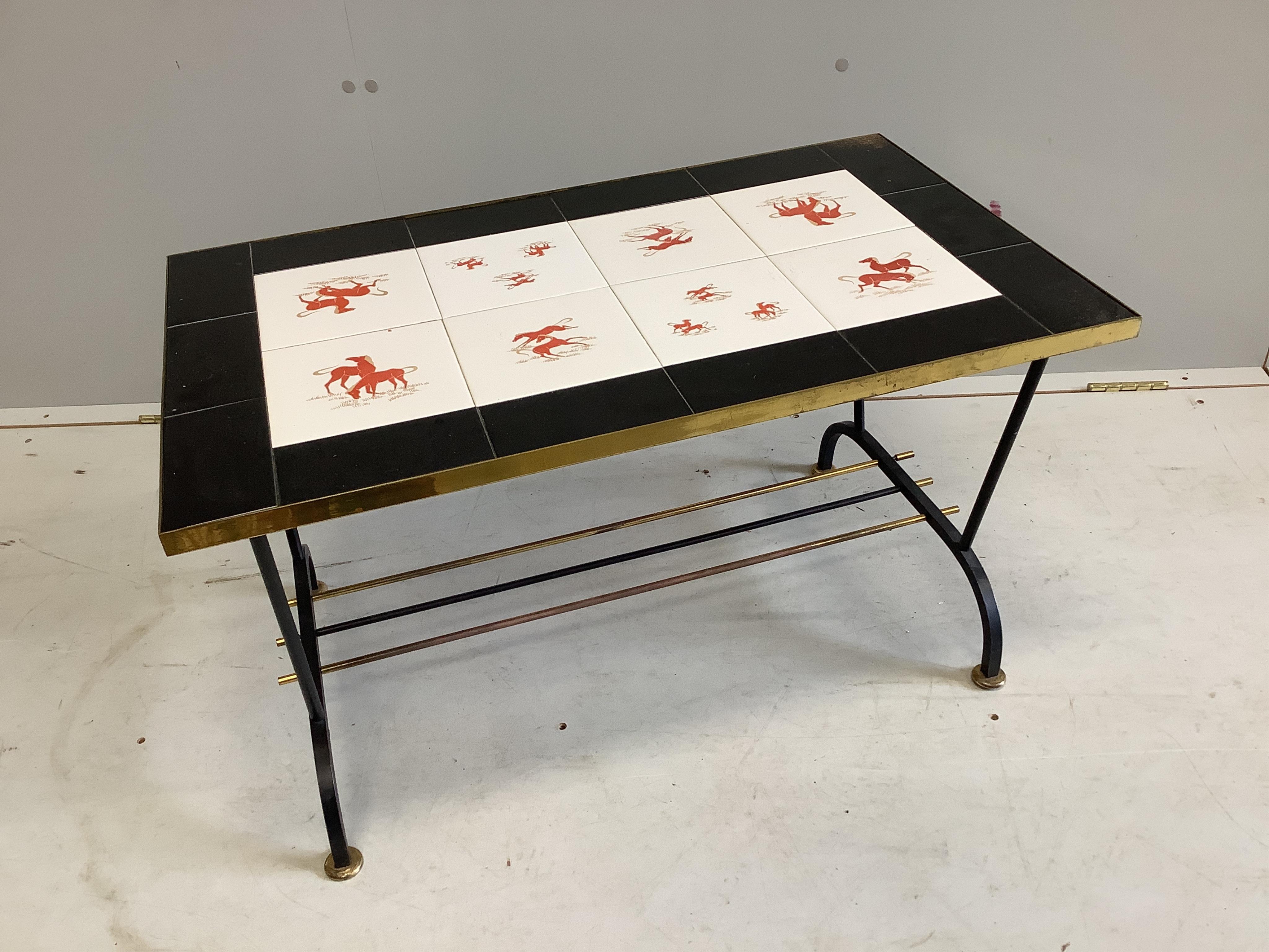 A mid century metal and tile top coffee table, width 76cm, depth 46cm. Condition - good